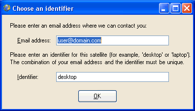 Dialog box asking for an email address and an identifier
